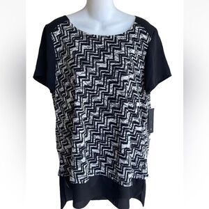 AB Studio Knit Top Lace Overlay Media Mix Black Cream Short Sleeves NWT Large